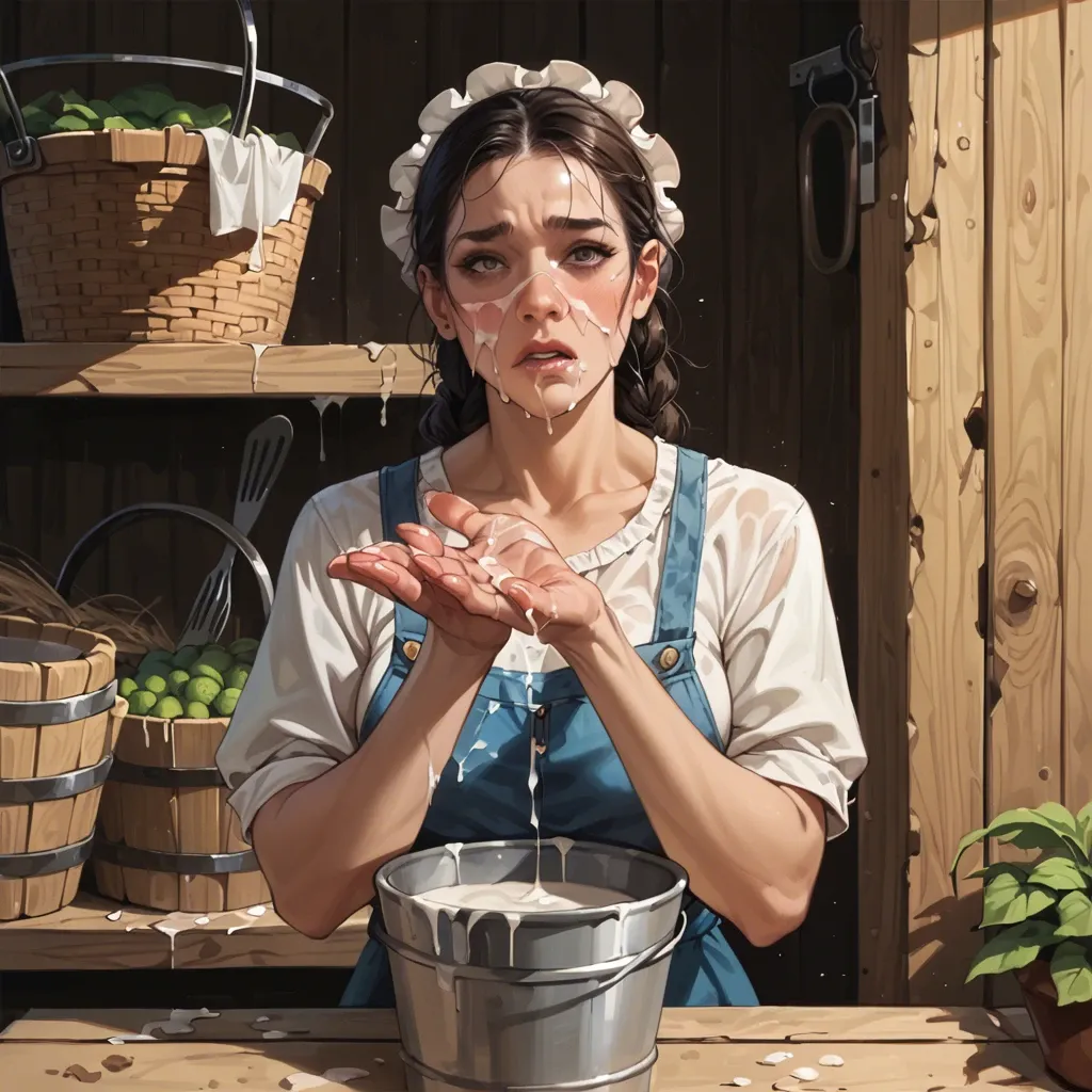 Farmer woman with bucket of milk, cum on hands, cum on cheek, cum on clothes