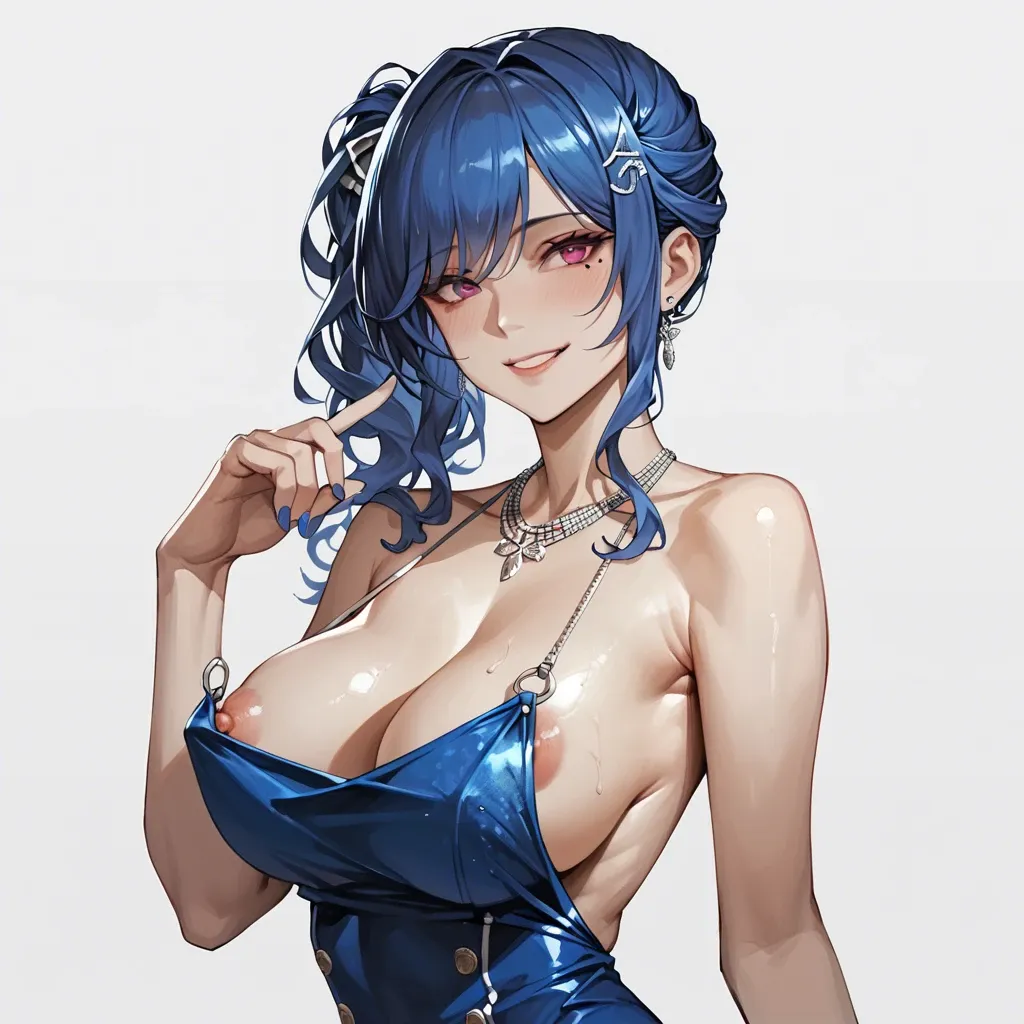 1girl,solo, , , , mole under eye,left hand,huge boobs,bare shoulders, thin nose,swollen nipple,slim waist, spread cheeks,establishing,thick nipples, st Louis from azurlane, seductive smile, from the back view