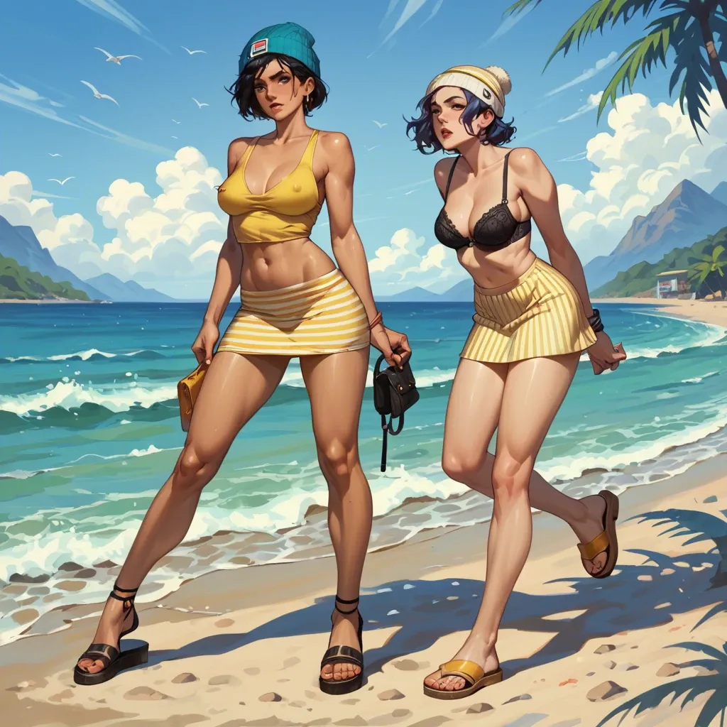 2girl, , , , cheek bulge,5 toes,perky big tits,background sea,black-skinned, yellow tank top,lacey,beanie,bra,sandals, undress,striped skirt,nipple rings,black bra,strappy sandals, bedroom eyes, fantasy forest, throne room, a realistic, well-lit, zelda, elsa, miku hatsune