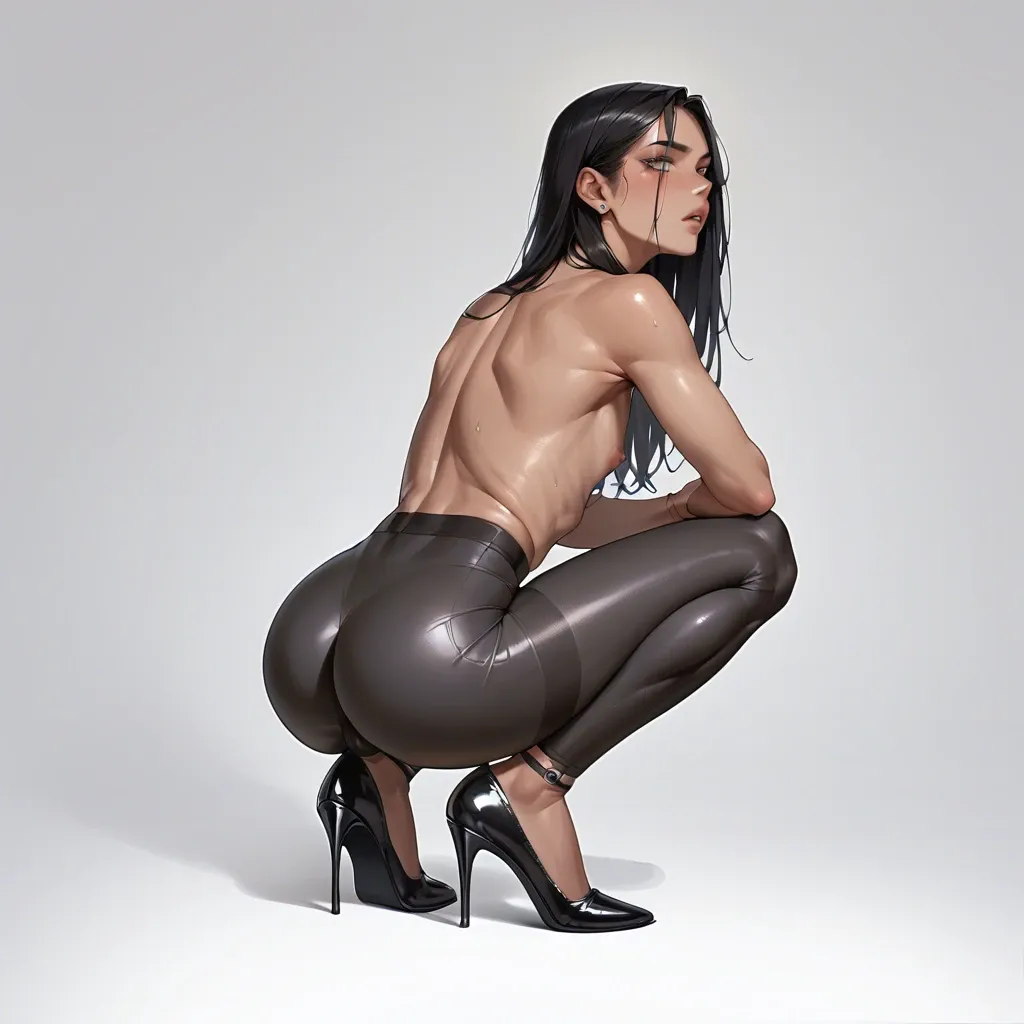 Slutty Femboy Olive skin  Grey eyes  Long black hair Sitting on heels  Squatting Slender feminine body Skinny waist  Fat ass  Nude  Tight leggings  High heel  Side view