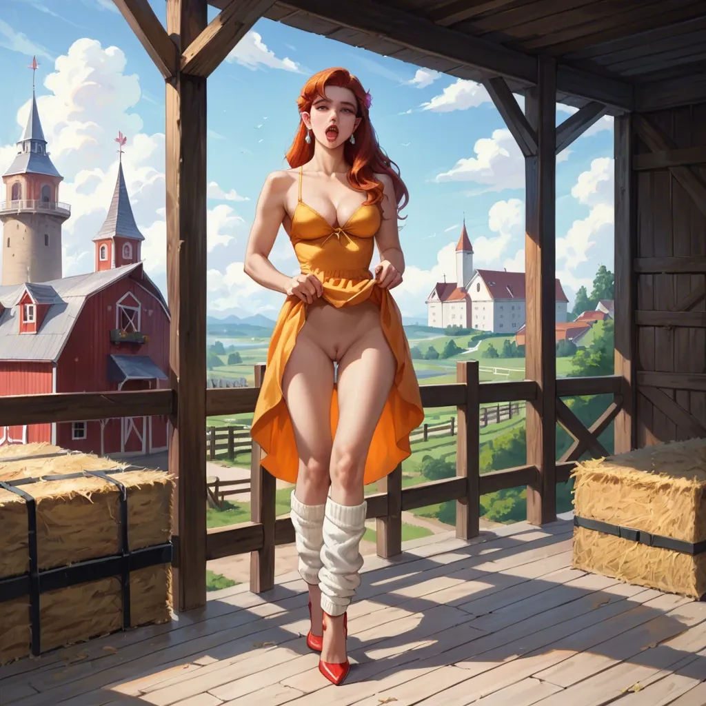 1girl, , , , tongue out,two-footed,whore cleavage, orange sundress,leg warmers,no panties,bikini top lift,stiletto heels, barn, city, castle exterior, hyperrealistic, bright eyes, zelda, ariel, hatsune Miku, barefoot, foot fetish