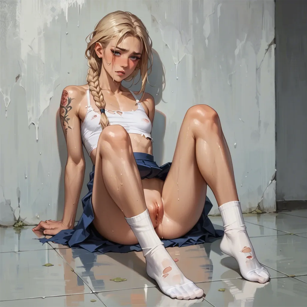 Girl , sitting on the floor , blonde , long braid , tight face , white socks , blue skirt, lifts skirt, pussy visible, flat chest , bare chest , long legs , fit , tan , skirt torn , tattoo , blushing , wet pussy , legs spread, black collar, black lips, black mascara, anklets