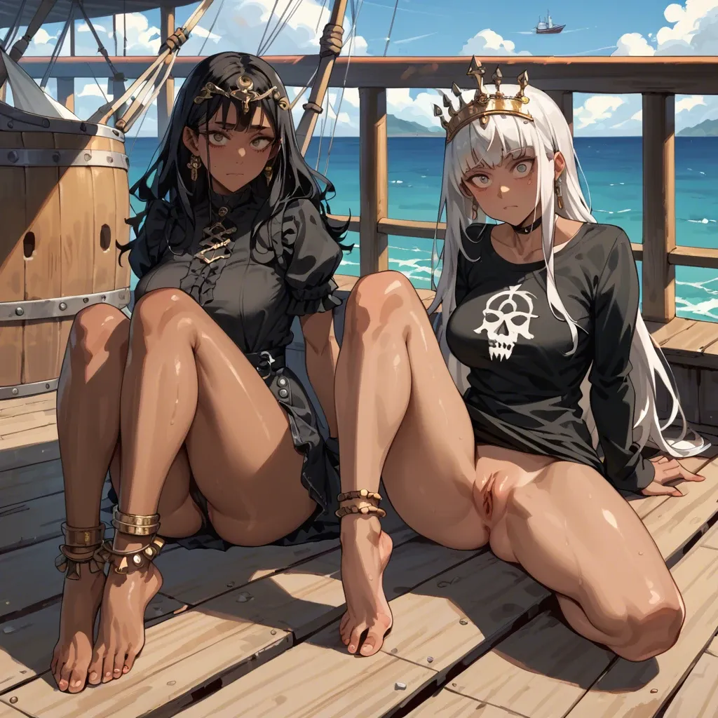 2girl, , , , closed mouth,showing feet,round boobs,ship deck,broad shoulders, open eyes,ankle,big perky boobs,absurd res,tanned skin, black shirt,anklets,golden tiara,thongs,gothic boots, lying on beach, throne room, table, ultradetailed, dark pupils, 2 boys, elsa, miku