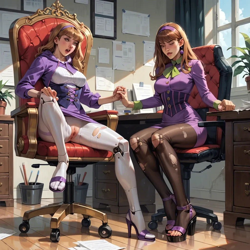 2girl, , , , raised eyebrows,detailed hands,perky tits,hip thrusts,clenched waist, hoodie,torn pantyhose,jewelry,corset,strappy sandals, in office, daphne blake, throne room, robot joints, rope, cute anime face, dark, zelda, spider-gwen, rei