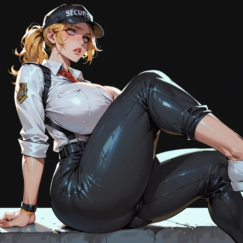 1girl, vanessa (fnaf), black background, huge breasts, huge ass, blonde hair, security guard, ponytail, black cap, black pants, white shirt, thick thighs, folded legs