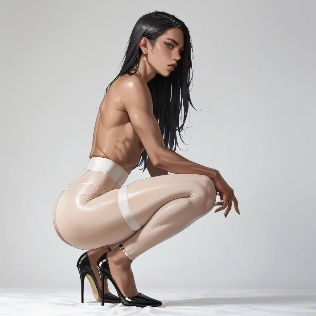 Slutty Femboy Olive skin  Grey eyes  Long black hair Sitting on heels  Squatting Slender feminine body Skinny waist  Fat ass  Nude  Tight leggings  High heel  Side view