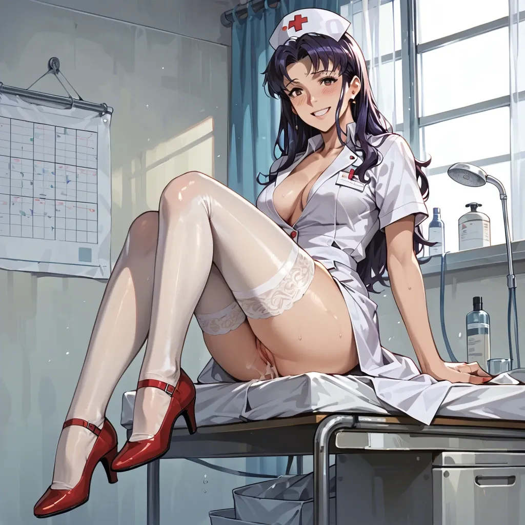 Misato Katsuragi as a nurse. Robe, stockings, shoes, fully clothed. Smiling