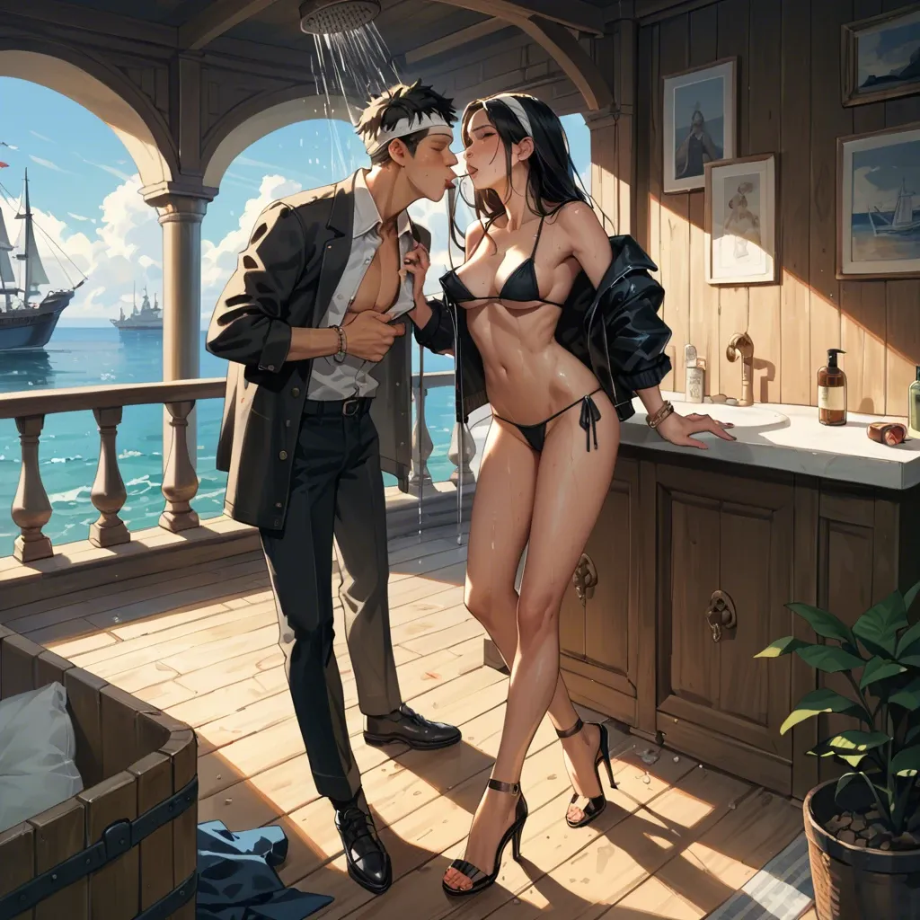 1girl,1boy, , , , freckles,long toes,nipple sucking,ship deck,slim ankles, dress,black leggings,headband,loose bra,shoes, open jacket,palace bedroom,bracelets,mini bikini,high heels, showering, cyberpunk, european, realistic skin, darkness, dynamic angle