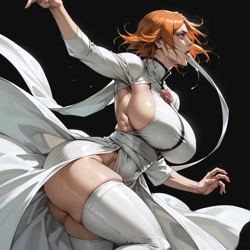 Orihime (bleach), good face, profile pose, tight clothes, detailed face, black background, do not show hands, massive ass, massive breast, abs, High definition, backless dress