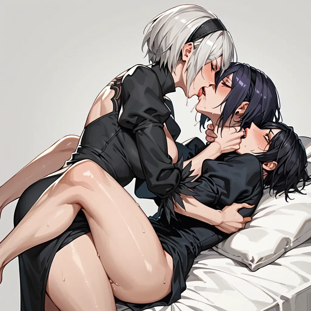 milf futanari kyoka jiro with smug expression fucking fully clothed yorha 2b with drooling struggling face,missionary,plapping,futa with female,blushing,grabbing neck,deep penetration,french kissing, lock,hugging,wet,deep thrustinh