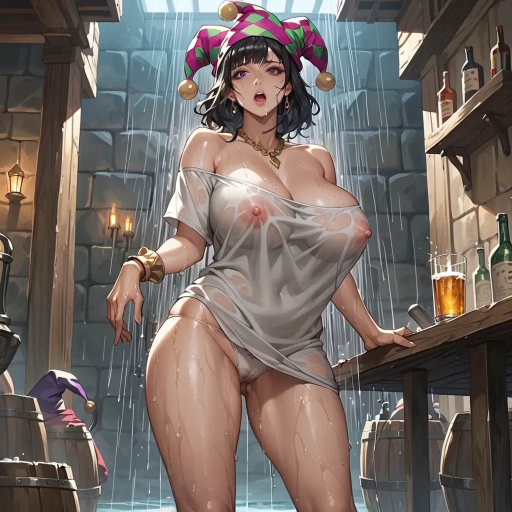 1girl,solo, , , , dreamy eyes,armband,huge breasts,arabian,off shoulder, gray t-shirt,golden necklace,jester cap,wet panties,no shoes, glass shower, trained thighs, tavern, anime screencap, dimly lit,cum in mouth, blowjob, waifu