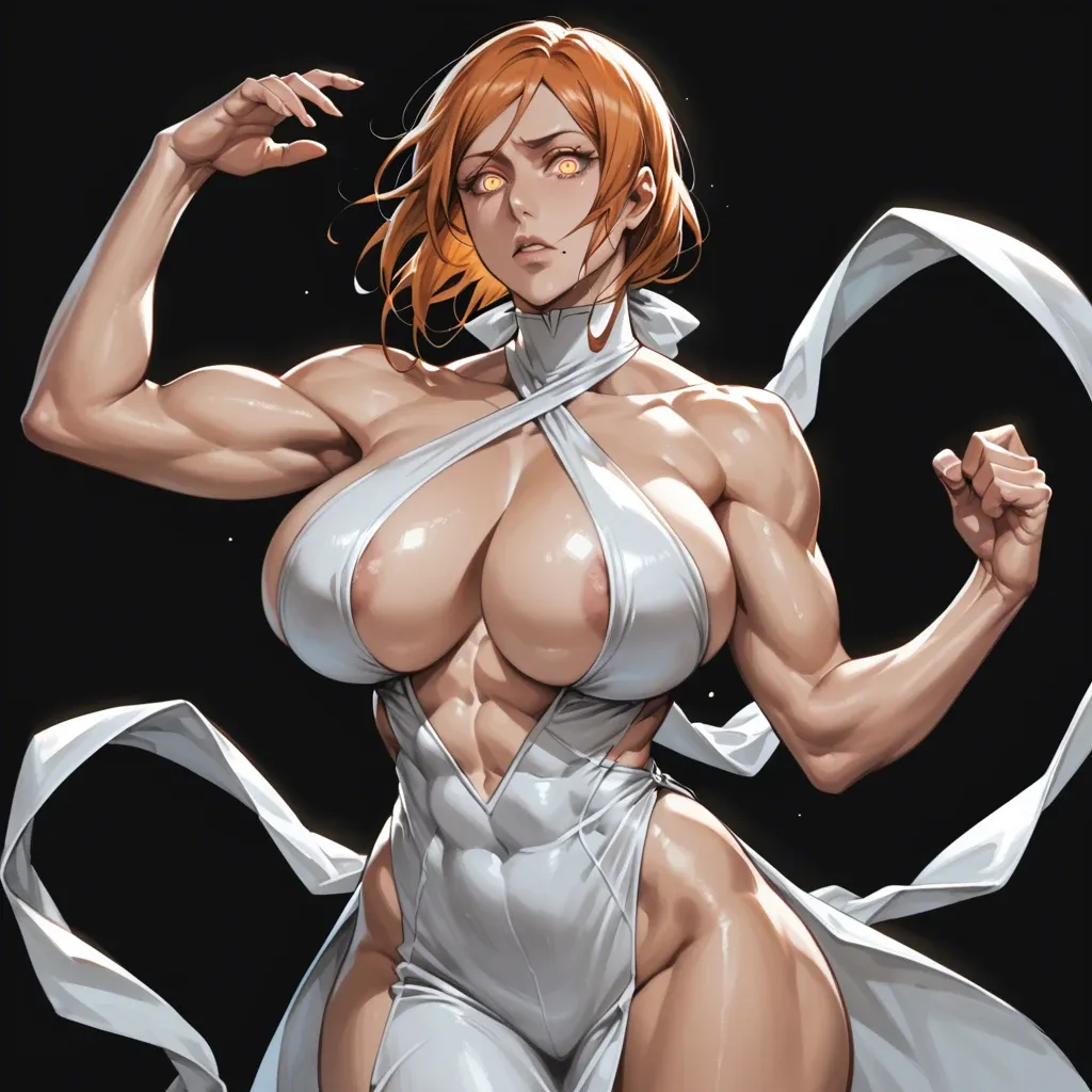 Orihime (bleach), good face, brilliant eyes, profile pose, tight clothes, detailed face, black background, do not show hands, massive ass, massive breast, abs, High definition, backless dress