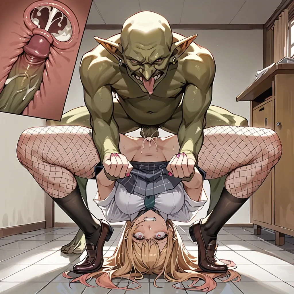 kitagawa marin (sono bisque doll wa koi wo suru),fishnets stockings,feet,deep thrusting,internal creampie,comic,worried,pain,tears,goblin,schoolgirl uniform,trapped,revenge,squatting upside down