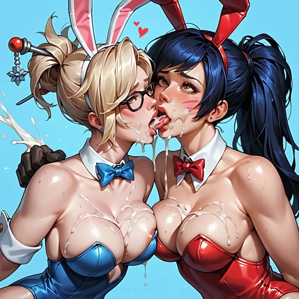 overwatch, bunnysuit, multiple girls, ahegao, voluptuous, cum kiss, excessive cum, tracer, D.Va, Mei, widowmaker, Mercy