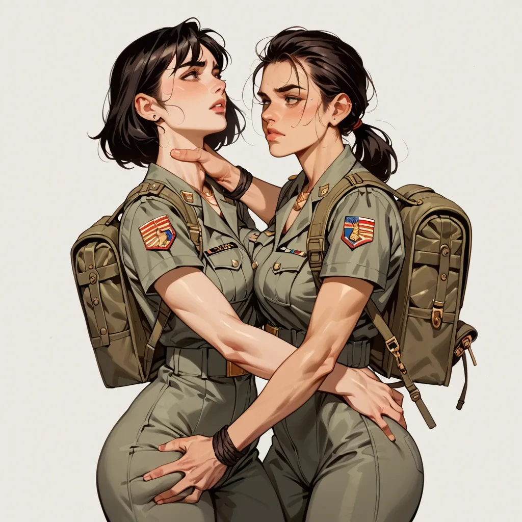 2girl, , , , high cheekbones,perfect hands,round boobs,bent at waist,hold neck, cute nose,in army uniform,medium breasts,hips grab,golden necklace, stretching ass,bound arms,medium tits,backpack,shoulder tattoo, pink crop top,laced bodysuit,collared shirt,sports bra,stiletto heels, blue dress,black pantyhose,long gloves,string bodysuit,shoes, blue dress,baggy socks,tennis cap,mini skirt bra,stiletto heels, bathroom, on the street, on a fur bed, fur collar, painted, dark-skinned, 2b, spider-gwen, rapunzel waifu