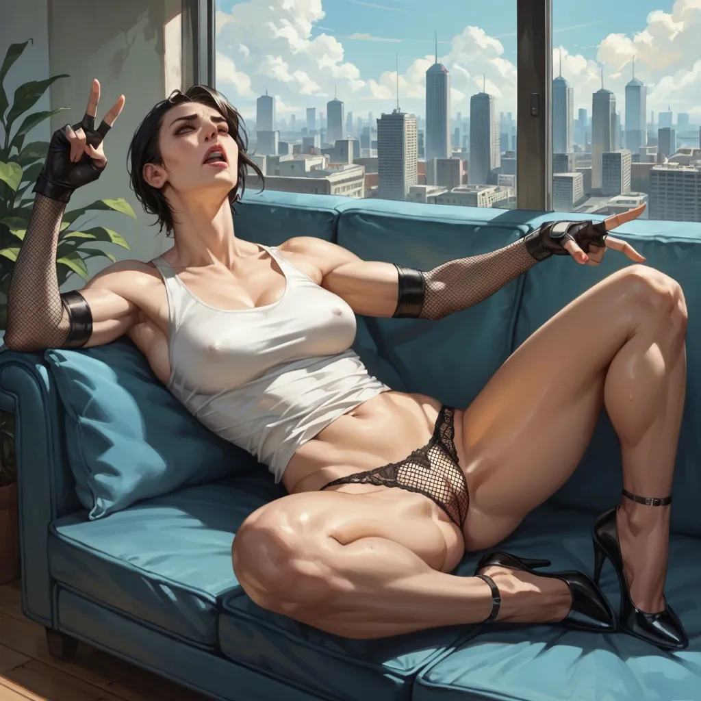 1girl,solo, , , , reaching,v fingers,perky boobs,city background,deepthroat sex, tank top,fishnets,elbow gloves,lace panties,heels, sit on a couch, street fighter, realistic style, bright-lit, lara croft, spider-gwen