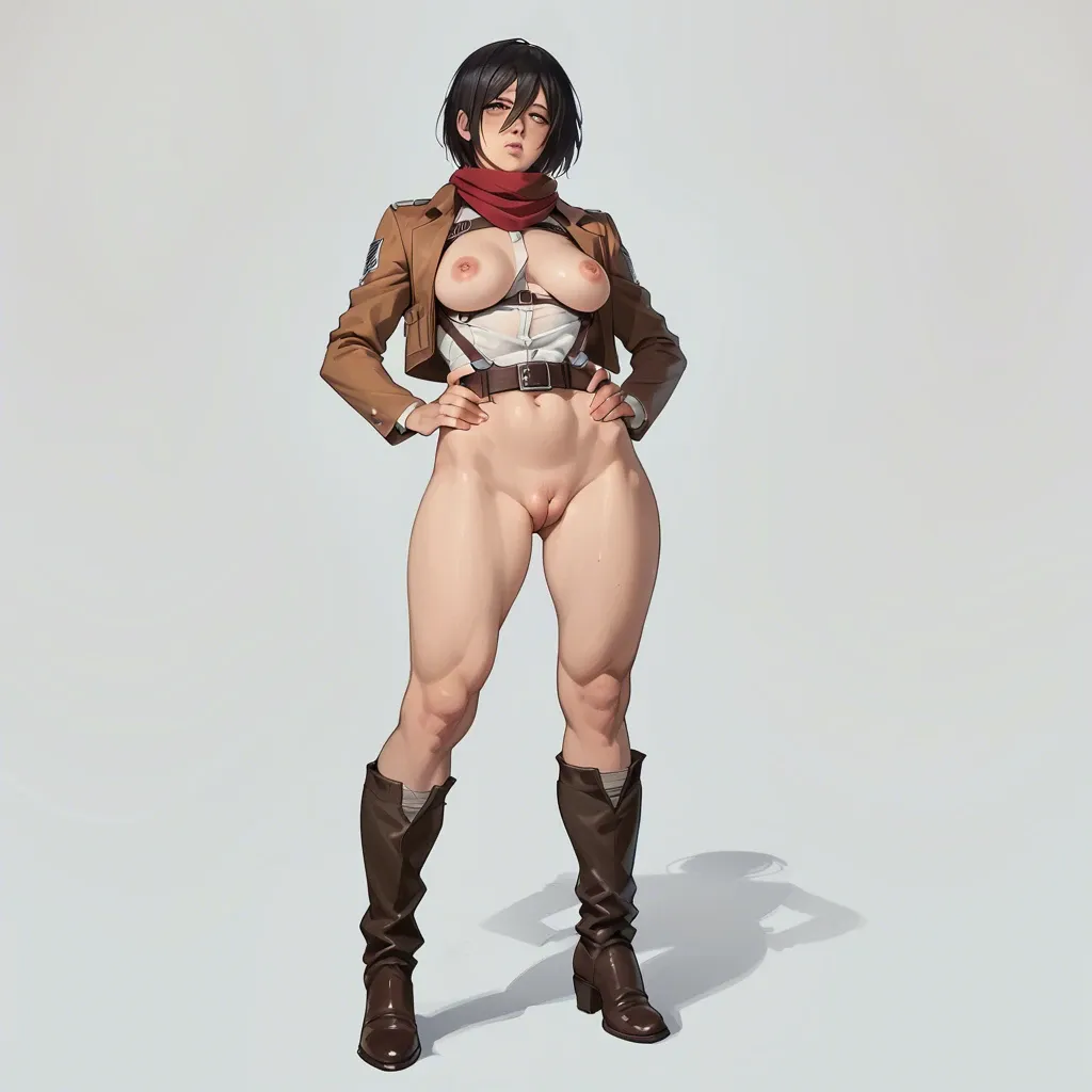 mikasa, standing, no pants, puffy pussy, puffy vulva, fat vulva, full body photo,