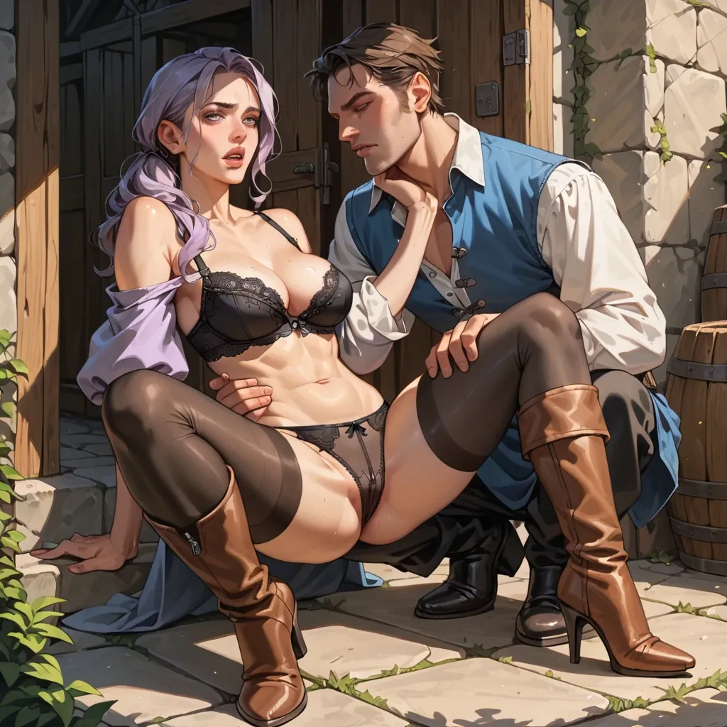 1girl,1boy, , , , spread cheeks,hand on panties,perky tits, medieval,light purple skin, unzipped pants,lace bra,knee boots, black leggings,knee socks,thongs,high heels, bare shoulders, very detailed, Astarion, elf girl, Baldurs gate 3, bg3, dungeons and dragons