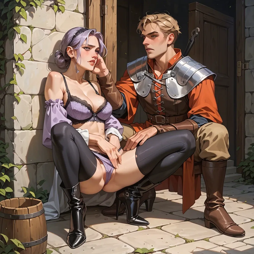 1girl,1boy, , , , spread cheeks,hand on panties,perky tits, medieval,light purple skin, unzipped pants,lace bra,knee boots, black leggings,knee socks,thongs,high heels, bare shoulders, very detailed, Astarion, elf girl, Baldurs gate 3, bg3, dungeons and dragons