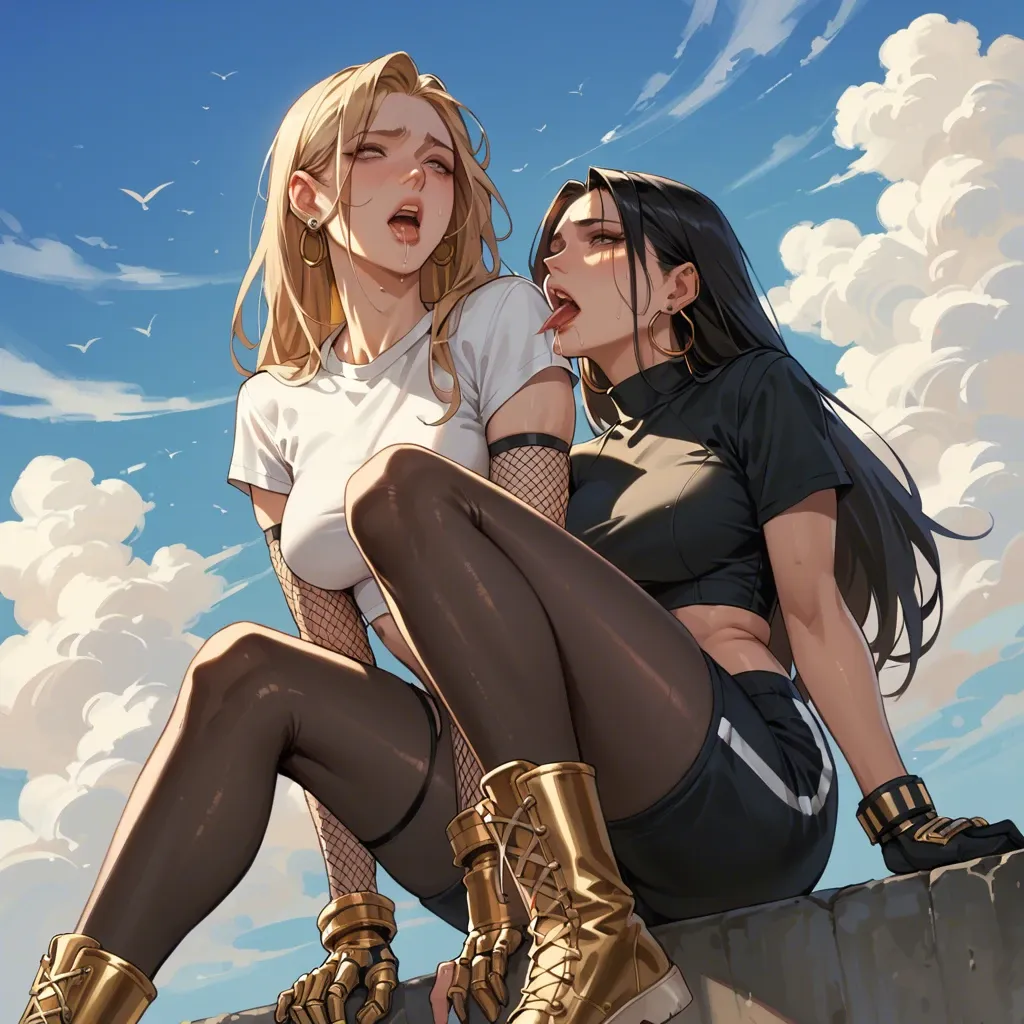 2girl, , , , nostrils,gold footwear,round boobs,sky above,knees apart, sweatpants,fishnet gloves,dangly earrings,bodysuit,knee boots, saliva on shirt,black pantyhose,metal rings,low rise thong,sandals, inside bedroom, brazil jungle, tavern setting, rope bondage, photorealistic, dark eyeshadow, lara croft, spider-gwen