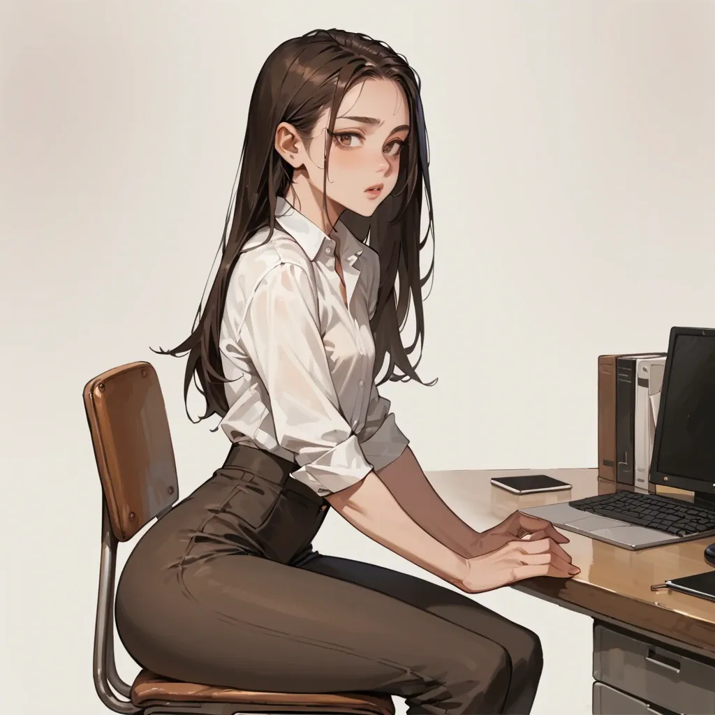 Super flat chest, wide hips, round ass, soft belly, very long dark brown hair, dark brown eyes, white shirt, tailored pants, workplace, sitting on chair,