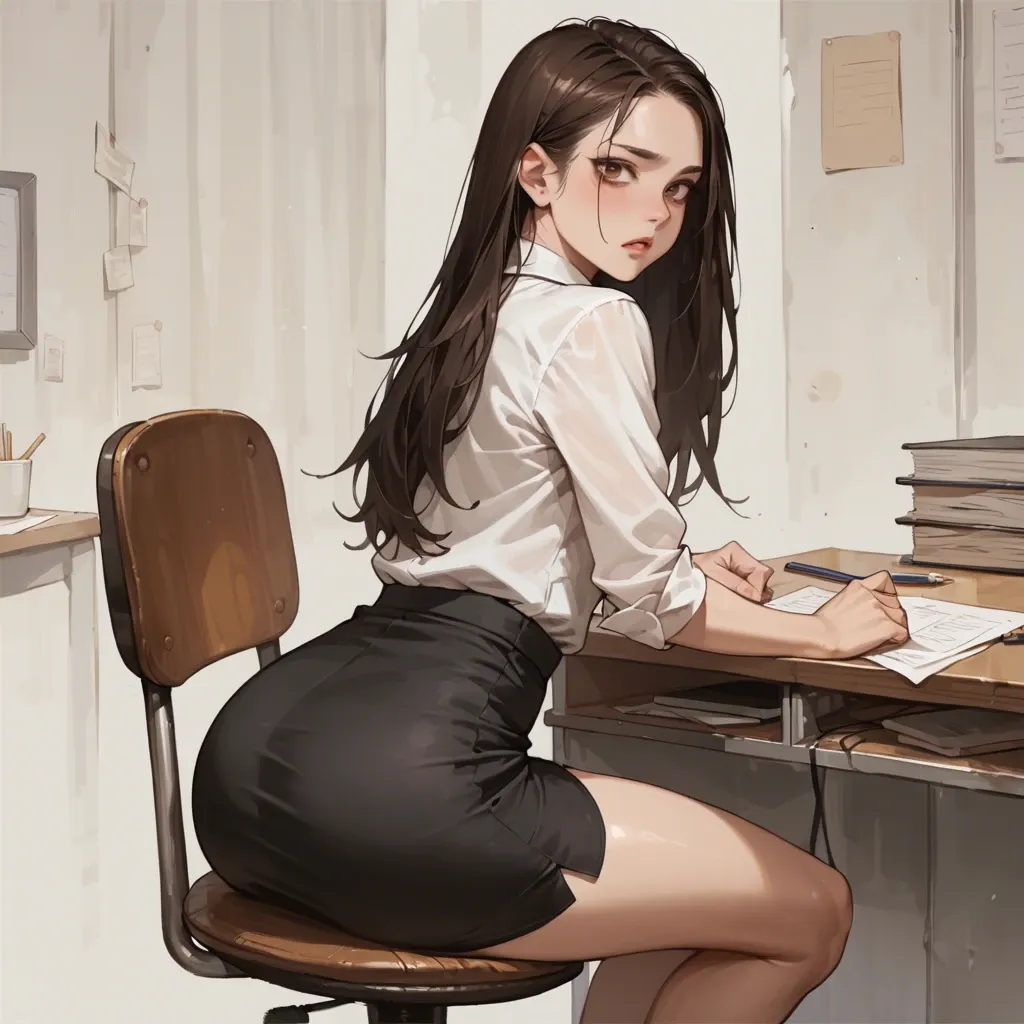 Super flat chest, wide hips, round ass, soft belly, very long dark brown hair, dark brown eyes, white shirt, pencil skirt, workplace, sitting on chair,