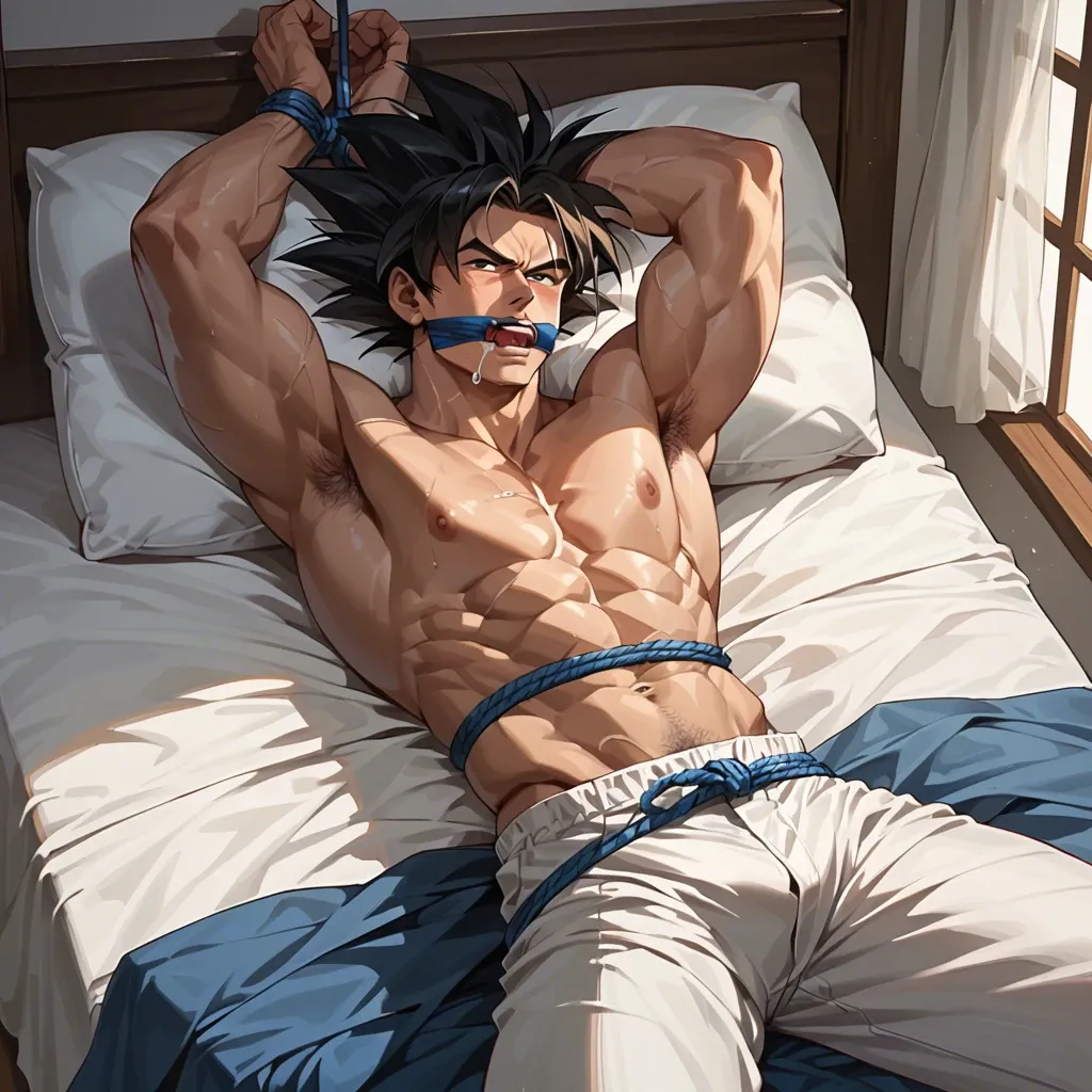 male goku tied with ropes all over his body on the bed and gagged