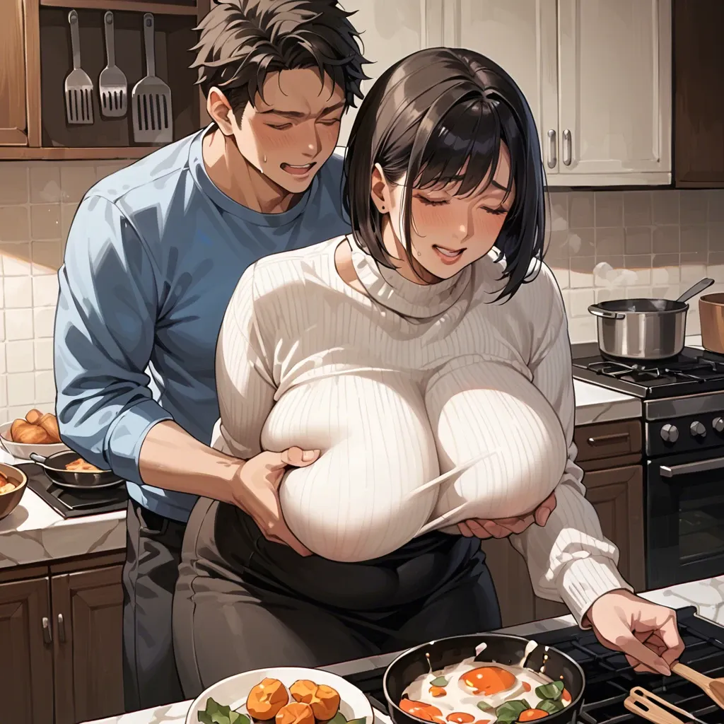 Japanese milf, plump, bob cut, black hair, closed eyes, massive breasts, white sweater, black long skirt, smiling, cooking, boy, groping breasts from behind, orgasm face