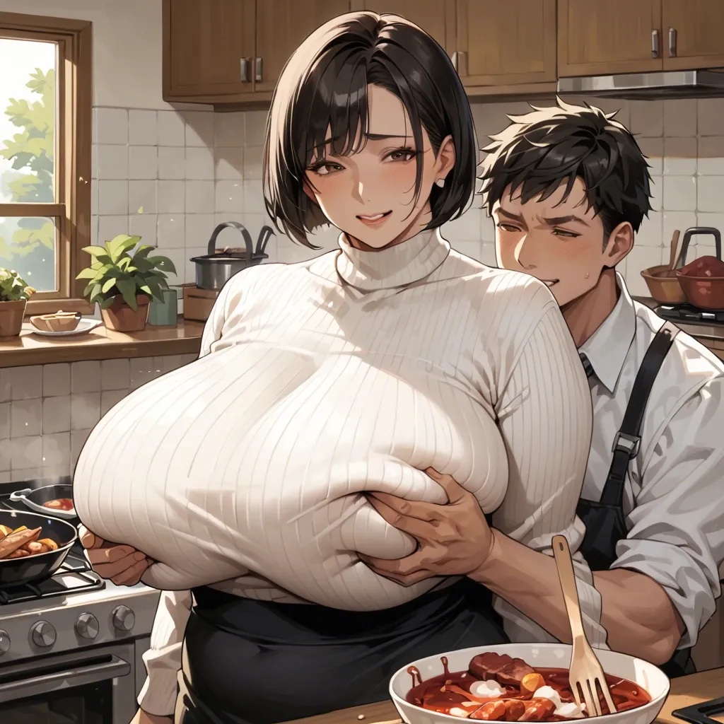 Japanese milf, plump, bob cut, black hair, brown eyes, massive breasts, white sweater, black long skirt, smiling, cooking, boy, groping breasts from behind