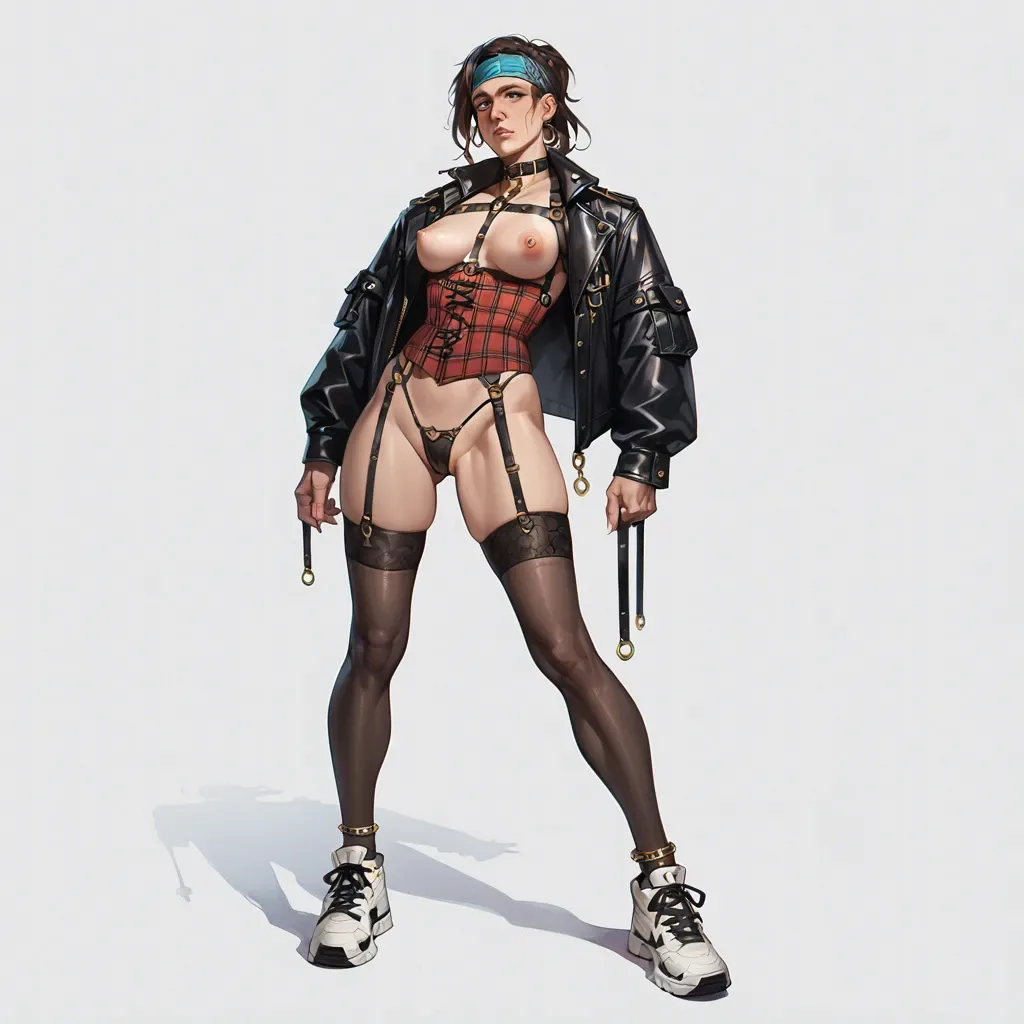 1girl,solo, , , , large nose,thick arms,perky boobs,chest harness,neck, plaid shirt,thighhighs,suspenders,corset piercing,white sneakers, black jacket,gold anklets,headband,black thong,black sneakers, bathroom, medieval tavern, lying on a bed, anna, dynamic