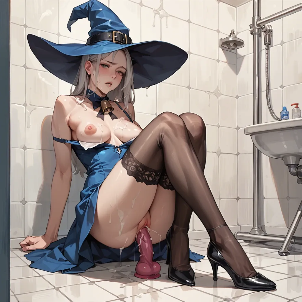 1girl,solo, , , , pussy slip,bare arms,swollen nipples,bar background,neck bell, blue dress,white lace,witch hat,white panties,black stockings in sperm high heels in sperm, school bathroom, dildo sex, bukkake