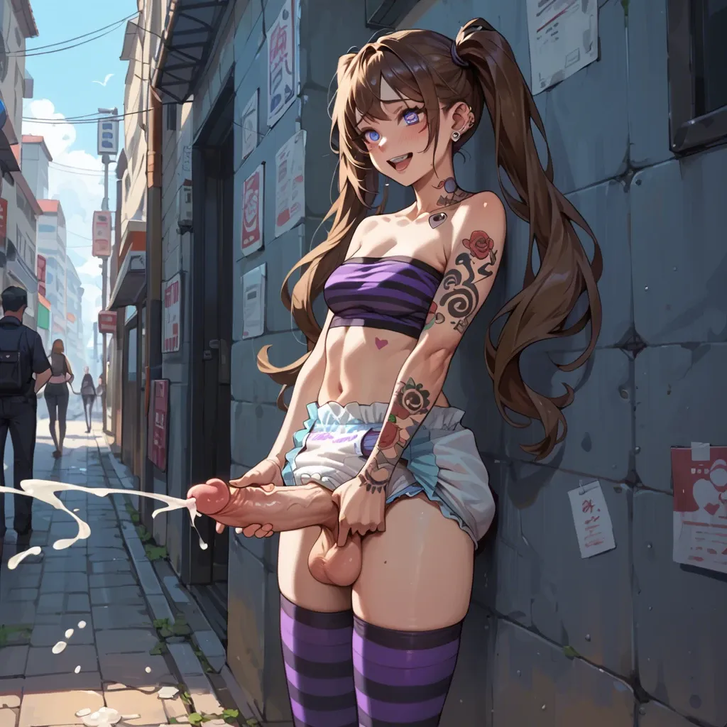 Cute, anime, solo, futanari, long brown hair pigtails, blue eyes, heart pupils, tattoos, piercings, purple striped tube top, diaper pulled down, hard cock and balls, cumming, public, happy, purple striped thighhighs,