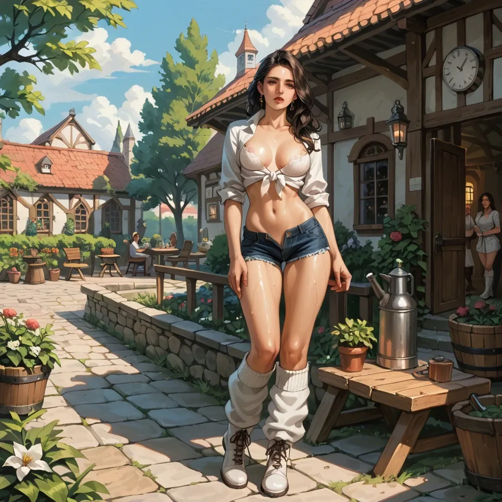 2girl, , , , eye catching,elegant face,areola,from waist up,doll joints, tied shirt,leg warmers,opaque glasses,wet bra,white boots, sexy gym girl, gardens, medieval tavern, smartwatch, hyper-realistic, dimly lit, lara croft, spider-gwen, rapunzel waifu