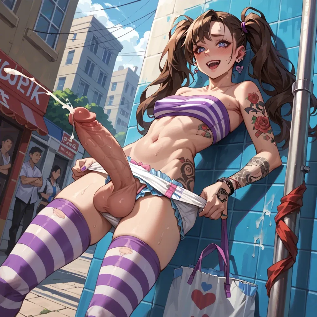 Cute, anime, solo, futanari, long brown hair pigtails, blue eyes, heart pupils, tattoos, piercings, purple striped tube top, diaper pulled down, hard cock and balls, cumming, public, happy, purple striped thighhighs,