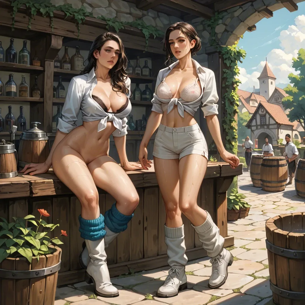 2girl, , , , eye catching,elegant face,areola,from waist up,doll joints, tied shirt,leg warmers,opaque glasses,wet bra,white boots, sexy gym girl, gardens, medieval tavern, smartwatch, hyper-realistic, dimly lit, lara croft, spider-gwen, rapunzel waifu, anime Pussy is flowing