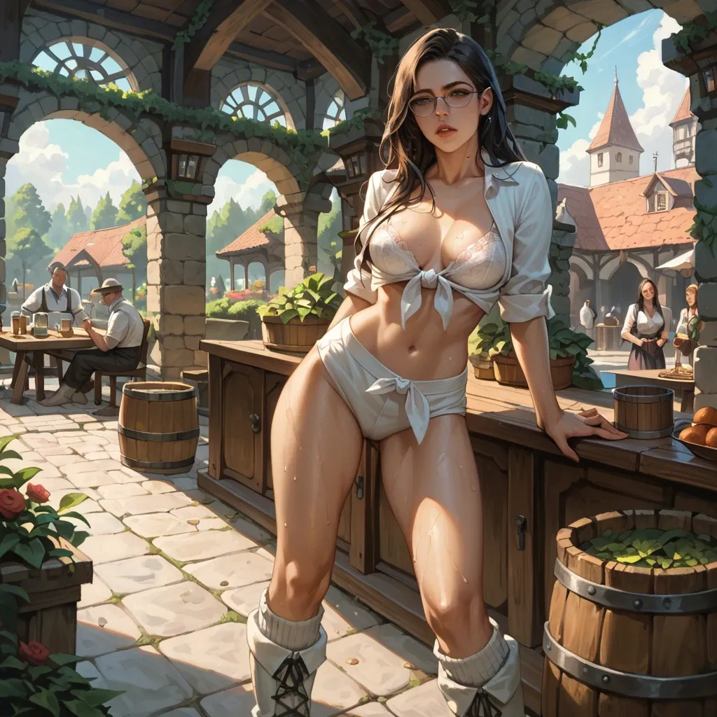 2girl, , , , eye catching,elegant face,areola,from waist up,doll joints, tied shirt,leg warmers,opaque glasses,wet bra,white boots, sexy gym girl, gardens, medieval tavern, smartwatch, hyper-realistic, dimly lit, lara croft, spider-gwen, rapunzel waifu, anime Pussy is flowing leaking cumming orgazm face