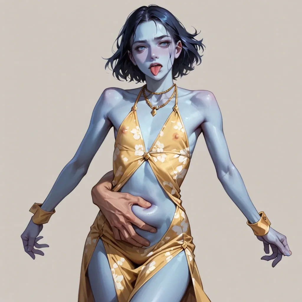 1girl,solo, , , , arching,two-handed,nipple,slender waist,wrist cuffs, tongue,slim legs, flat chest, gold necklace, molest,shine,medium boobs,belly grab,blue skin, floral dress,blue stockings,saliva strings,white lingerie,sneakers, bare navel, cyberpunk, fur collar, painted nails, golden hour, elsa hair