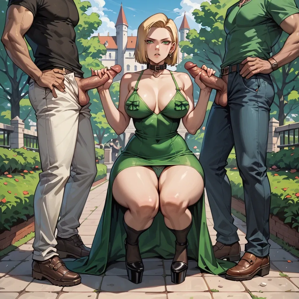 1girl,1boy, , , , green eyes,double handjob,shaped nipples,huge hips,wide shoulders, dark green gown,knee-high socks,collar,cotton panties,platform heels, barren, park, castle exterior, android 18, bent over table, detailed fur, dark makeup, girl lara croft, makinami