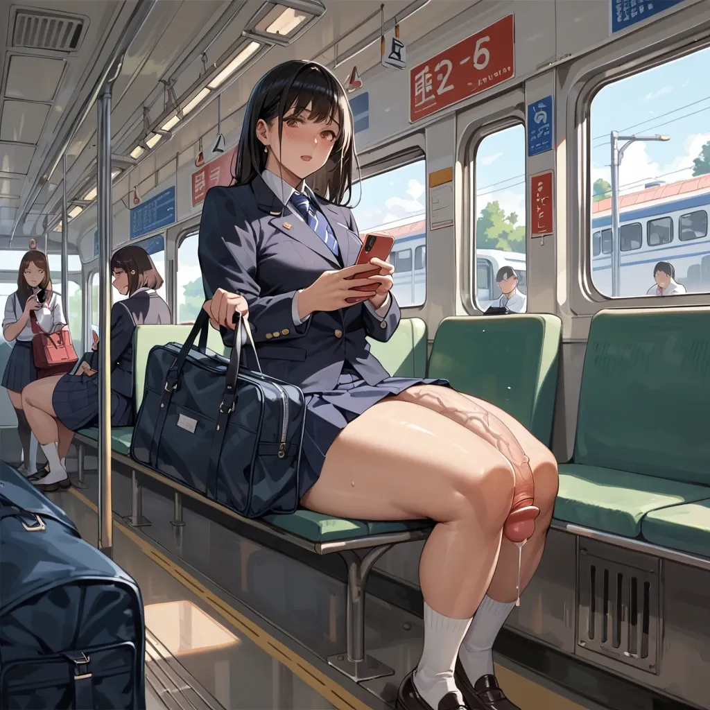 10 females,japanese,1 futanari, hyper penis, hyper balls,flaccid,leaking precum,  sitting,looking at phone, carrying schoolbag,crowded train,schoolgirl uniform ,plump ,huge ass, very wide hips, thick thighs, huge breasts ,breasts bigger than head,  full body view ,side view