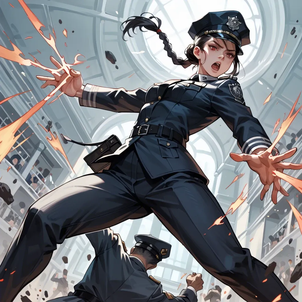 skinny girl, pale white skin, holding a scarlet braid in her hand, fighting, black officer's uniform, black officer's hat, hair tied in a bun, dynamic pose, fighting, black hair, angle from below, magic