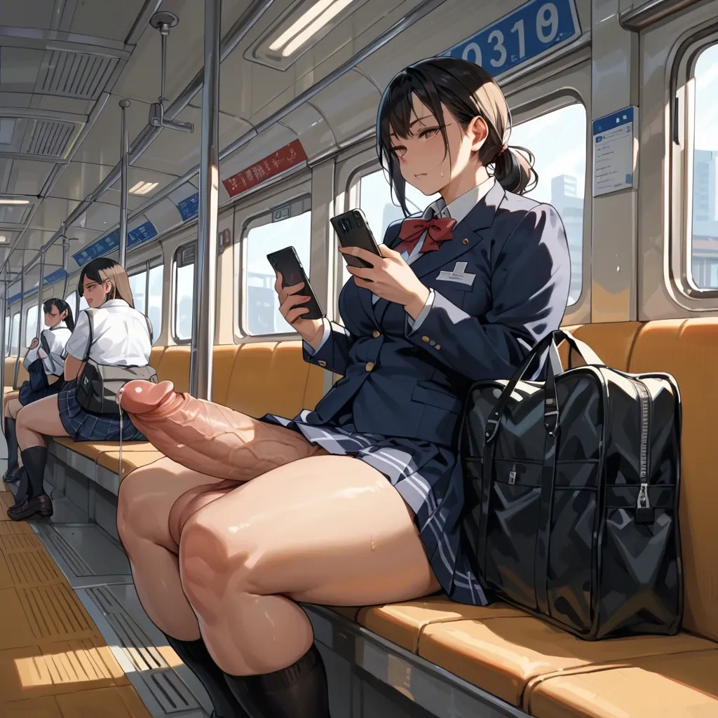 10 females,japanese,1 futanari, hyper penis, hyper balls,flaccid,leaking precum,  sitting,looking at phone, carrying schoolbag,crowded train,schoolgirl uniform ,plump ,huge ass, very wide hips, thick thighs, huge breasts ,breasts bigger than head,  full body view ,side view