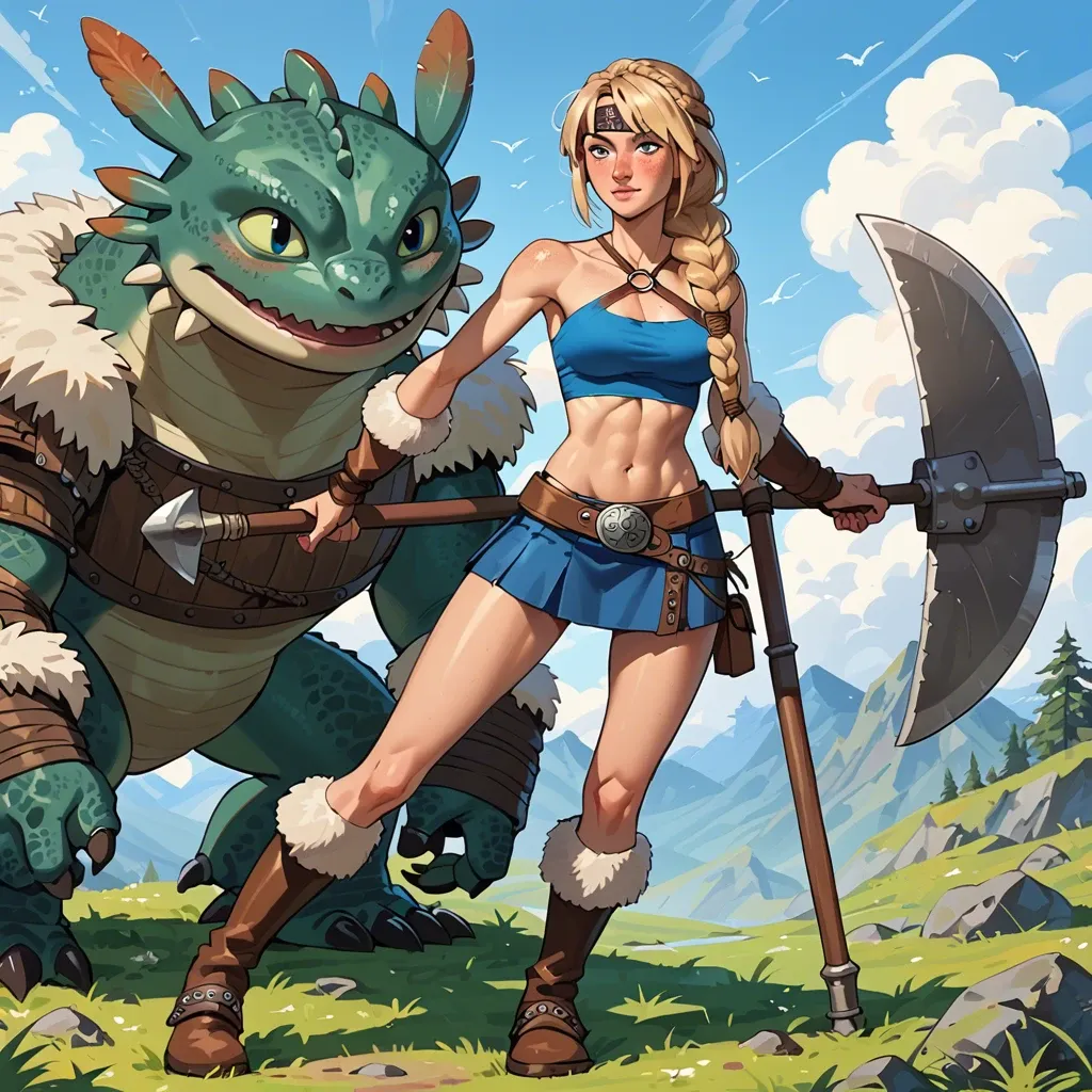 Freckles, petite body, long legs, how to train your dragon, Astrid hofferson,long blonde hair, viking,blue eyes,battle axe,blue skirt,blue crop top,dragon