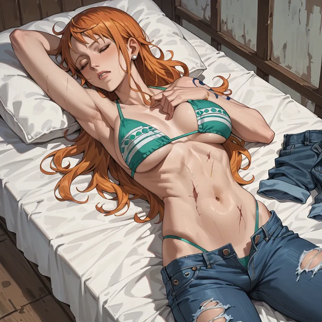 nami one piece, normal bikini, jeans pants, sleeping, zombie grab her breasts