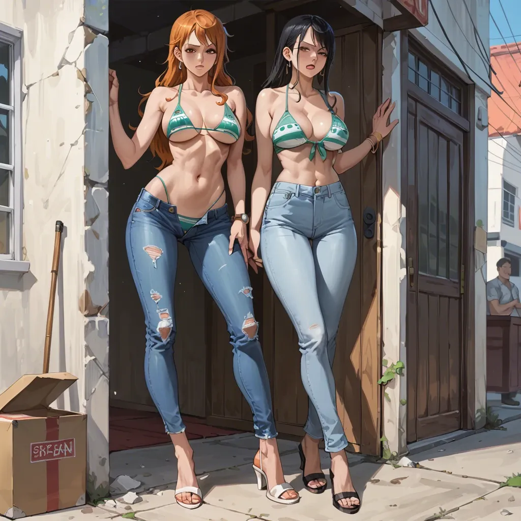 nami one piece, normal bikini, jeans pants, standing, loading box