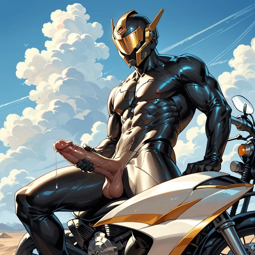 A male robot-android of the future, black colored latex skin, with gold sexy accessories, muscular, his big erection cock dripping with precum, he sitting on the clouds, background is the sky and clouds, motorcycle helmet