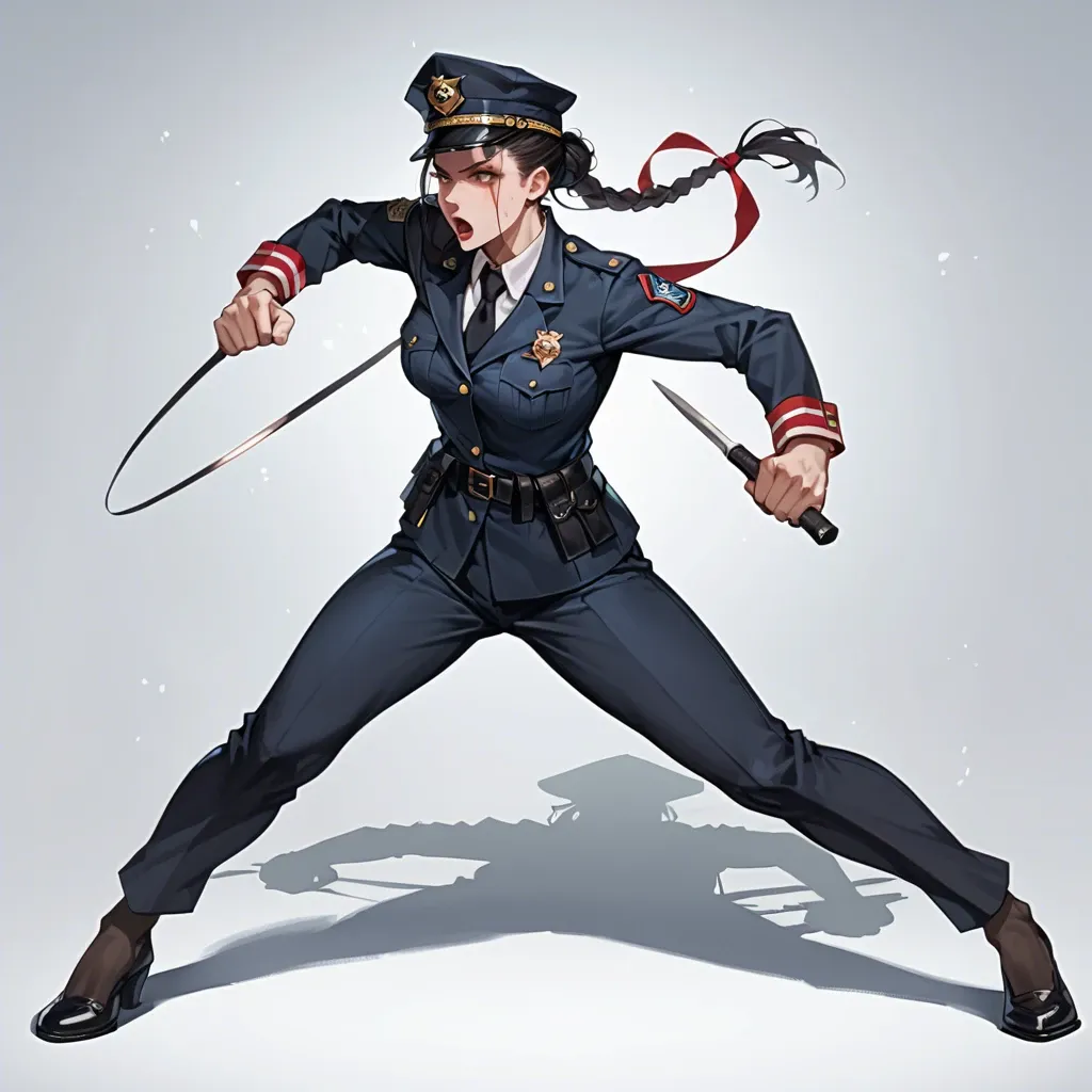 skinny girl, pale white skin, holding a scarlet braid in her hand, fighting, black officer's uniform, black officer's hat, hair tied in a bun, dynamic pose, fighting, black hair