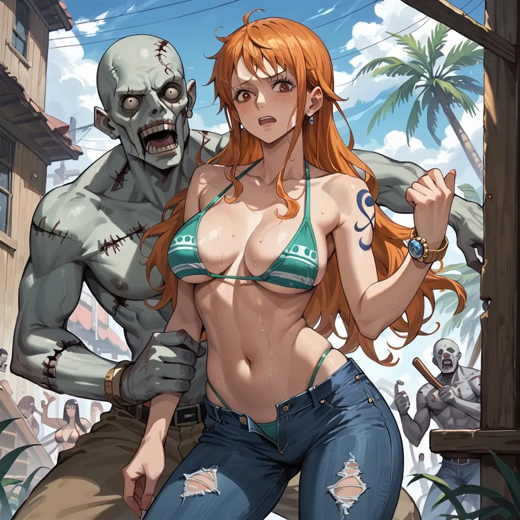 nami one piece, normal bikini, jeans pants, zombie grab her breasts