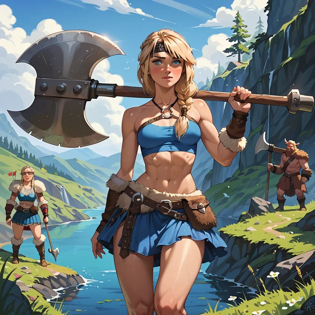 Freckles, petite body, long legs, how to train your dragon, Astrid hofferson,long blonde hair, viking,blue eyes,battle axe,blue skirt,blue crop top,dragon