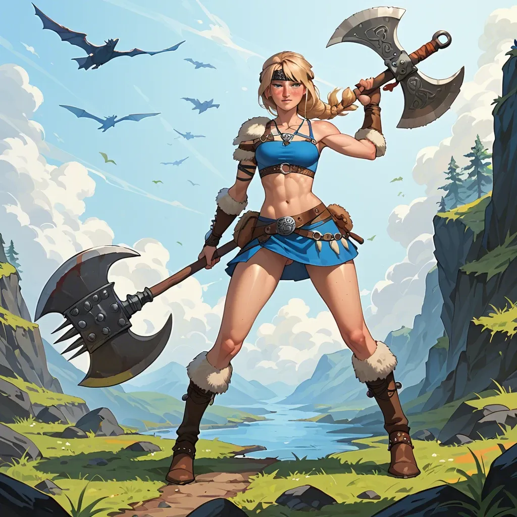 Freckles, petite body, long legs, how to train your dragon, Astrid hofferson,long blonde hair, viking,blue eyes,battle axe,blue skirt,blue crop top,dragon