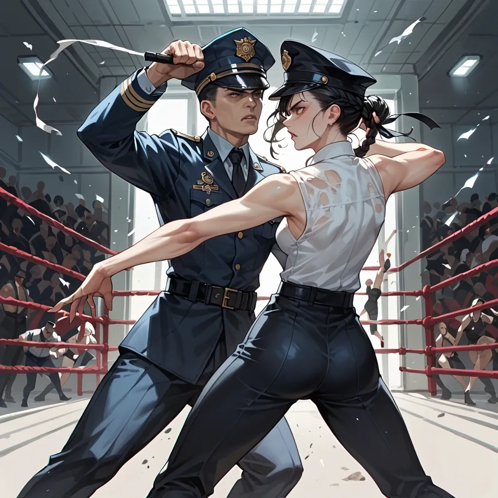 skinny girl, pale white skin, holding a scarlet braid in her hand, fighting, black officer's uniform, black officer's hat, hair tied in a bun, dynamic pose, fighting, black hair